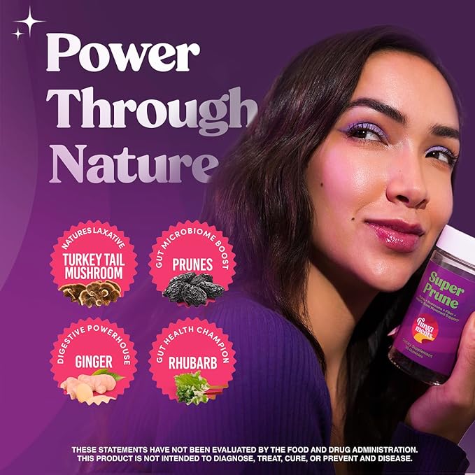 Fungiments Super Prune - Mushroom Supplement - Turkey Tail Mushrooms, Fiber, Rhubarb, Prunes, Ginger, Chamomile - Debloating, Constipation Relief (30 Mushroom Gummies)
