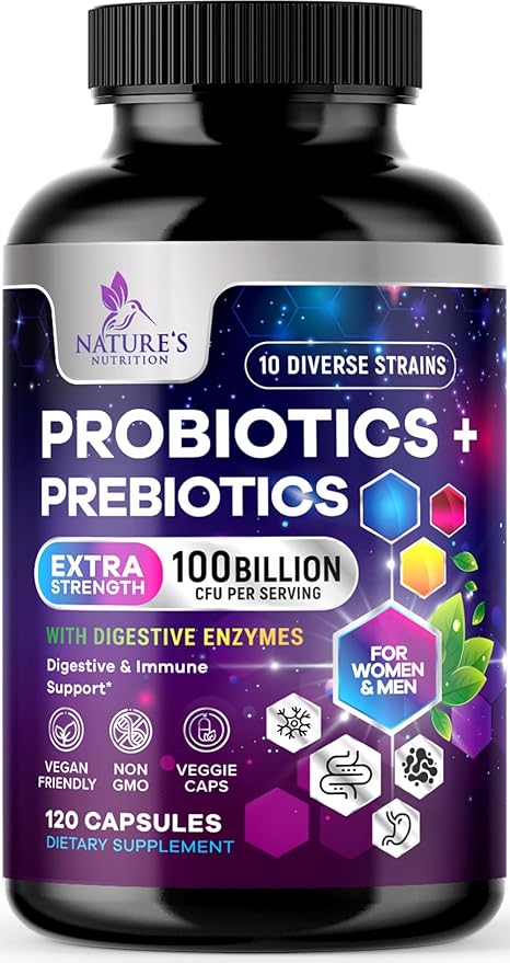 Probiotics 100 Billion CFU Per Serving - 10 Probiotic Strains & Prebiotics - Digestive Gut Health, Immune Support & Occasional Constipation, Gas & Bloating - Daily Supplement For Adults - 120 Capsules
