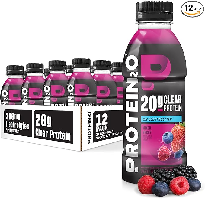 Protein2o Hydration Drink - 2-in-1 Liquid Clear Whey Protein Isolate and Electrolyte Drink - 20g Protein, Vitamins B5, B6 - Post-Workout Recovery - 16.9 Fl Oz - 12 Count Mixed Berry