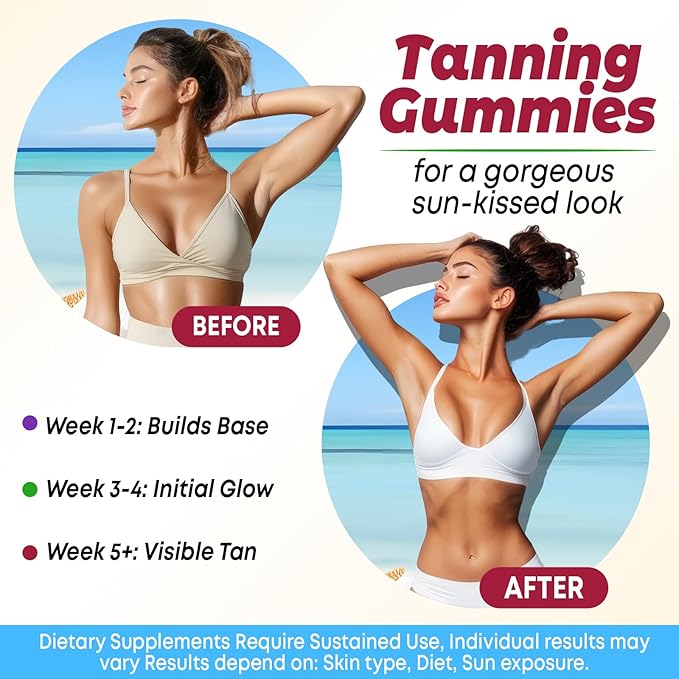 Sugar Free Tanning Gummies for Women, Supports Radiant Tan & Healthy Skin, Extra Strength with Astaxanthin Lycopene Beta Carotene and Vitamins - Supports Faster Tanning, Strawberry Flavored, 60 Count