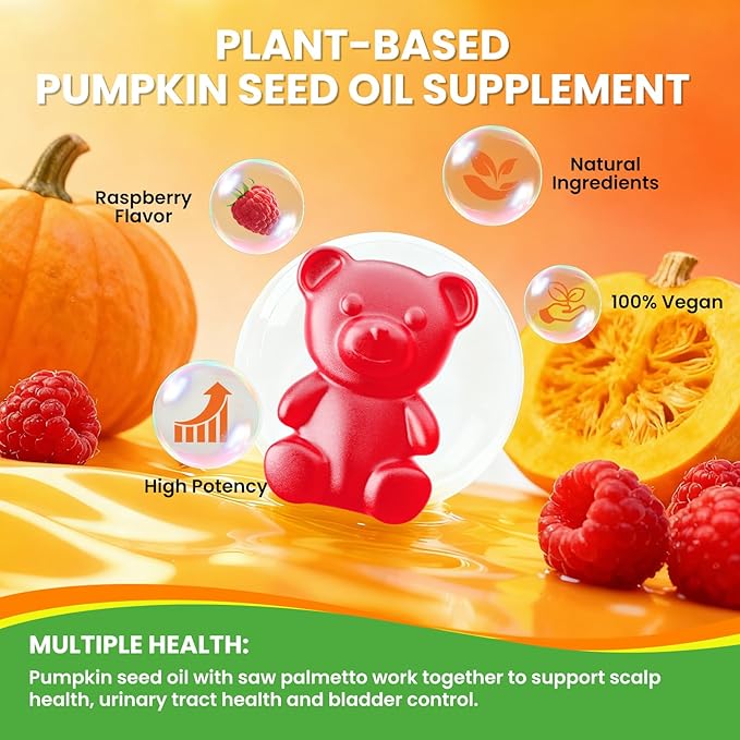 2 Pack Pumpkin Seed Oil Gummies with Saw Palmetto, 3000mg Per Serving Pumpkin Seed Oil Supplement for Hair Growth, Skin Health, High Pure Extract for Women & Men, Raspberry Flavor, 120 Count