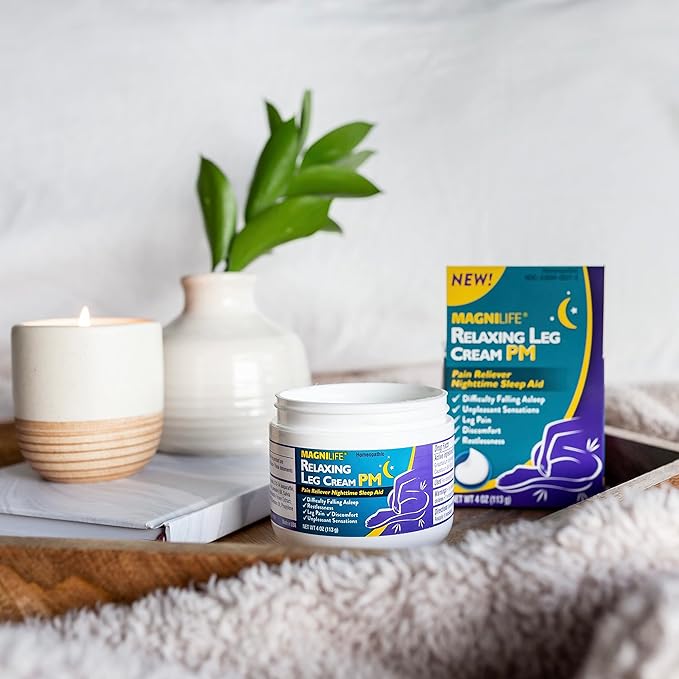 MagniLife Relaxing Leg Cream PM, 4 Oz, Homeopathic Nighttime Pain Reliever & Sleep Aid with Lavender & Magnesium, Non-Greasy Deep Penetrating Cream for Restless Legs & Discomfort