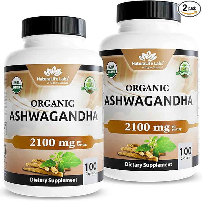 NaturaLife Labs Organic Ashwagandha 2100 mg per Serving – Herbal Supplement Root Powder & Extract – 100 Capsules – Vegan, Non-GMO, Gluten-Free (2 Pack)