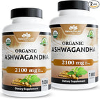 NaturaLife Labs Organic Ashwagandha 2100 mg per Serving – Herbal Supplement Root Powder & Extract – 100 Capsules – Vegan, Non-GMO, Gluten-Free (2 Pack)