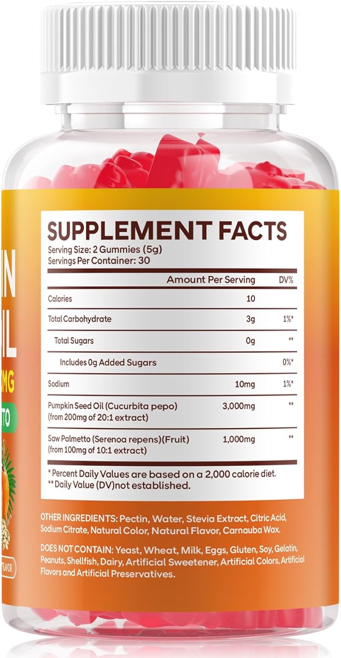2 Pack Pumpkin Seed Oil Gummies with Saw Palmetto, 3000mg Per Serving Pumpkin Seed Oil Supplement for Hair Growth, Skin Health, High Pure Extract for Women & Men, Raspberry Flavor, 120 Count