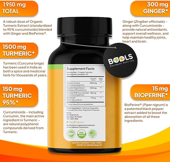 Turmeric Curcumin Supplement with BioPerine & Ginger, Turmeric Curcumin with Black Pepper 1950mg for Max Absorption Joint Support- Non-GMO Turmeric Supplement, Vegan, 240 Capsules