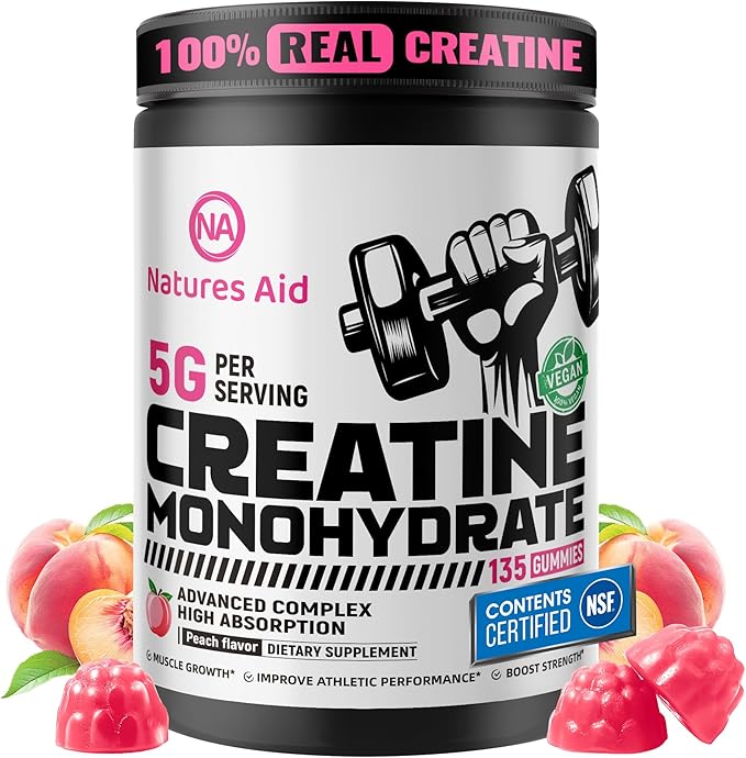Natures Aid NSF Certified Creatine Gummy 5g - Creatine Monohydrate Gummies – Pre-Workout Energy & Muscle Growth Support for Men & Women | Peach Electrolyte Gummies (135 Count)