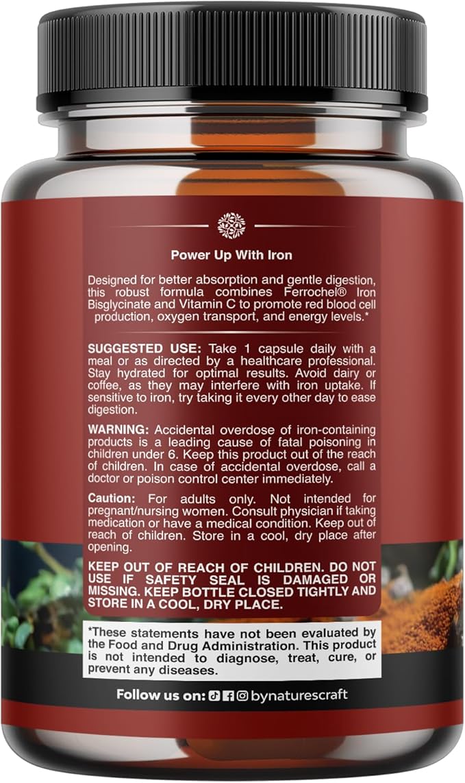 Slow Release Iron Supplement for Women & Men - Supports Health - Blood Support Iron Bisglycinate with Vitamin C - Gentle Energy & Immune Support - High Absorption Ferrous Bisglycinate - 60 Count