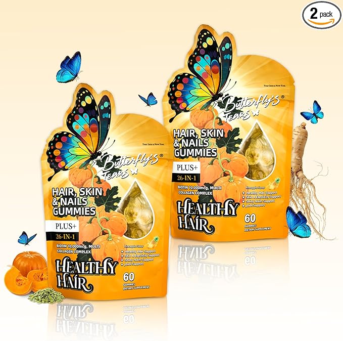 BUTTERFLY'S TEAR Hair, Skin & Nails for Women, Gummies with 10000mcg Biotin & Collagen Complex,Strong Vibrant Hair, Supports Shiny Nails, Healthy Skin, Extra Strength (Pineapple Flavor, 120 Count)