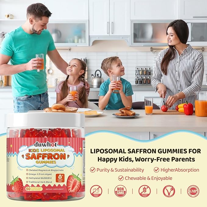 duwhot Liposomal Saffron Gummies for Kids 4+, Saffron Supplements w/Holy Basil, Rosemary, Magnesium Glycinate, Omega-3 & More, Brain Focus Support Supplement, Vegan, Organic, Sugar Free, 120 Chewables