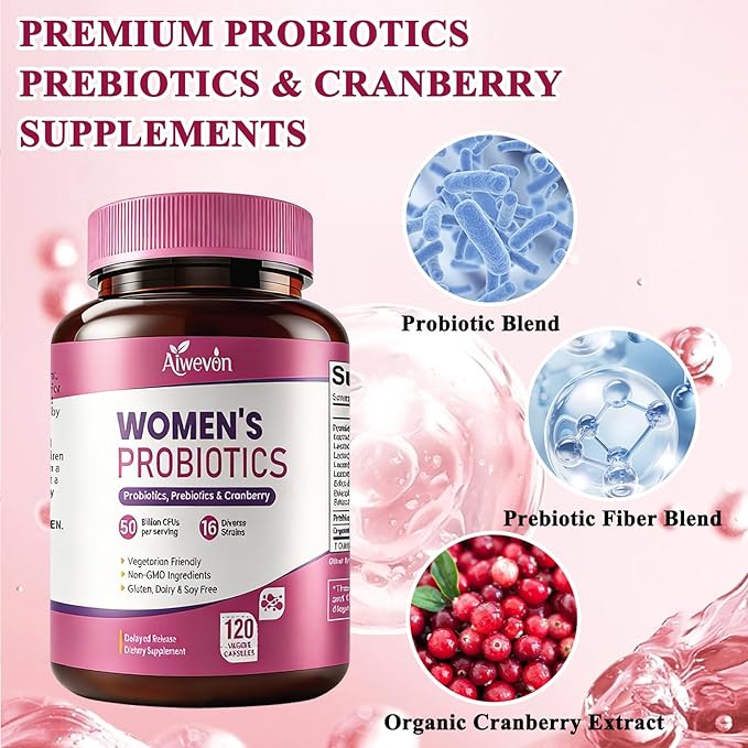 Women Probiotics 50 Billion CFU: Probiotics for Women with Prebiotics & Cranberry, 16 Strain Probiotic Supplement for Digestive Gut Health, Vaginal & Urinary Tract Support Vegan Probiotic 120 Capsules
