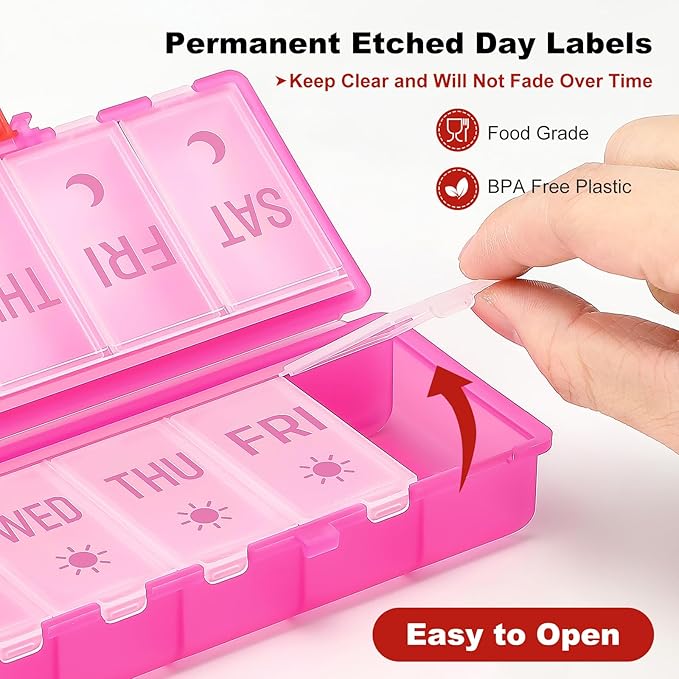 Foldable Pill Organizer 2 Times a Day w/Etched Labels -Dual Protection & Portable Weekly AM PM Pill Box, 7 Day Medicine Container, Large Travel Pill Case for Week Daily Supplement Vitamin -Clear Pink