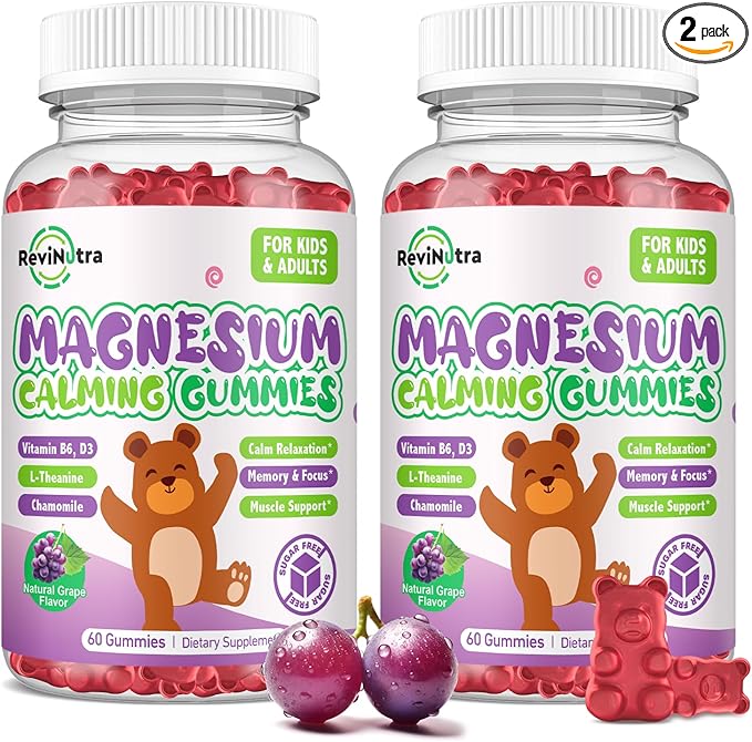 Magnesium Gummies for Kids - Magnesium Glycinate Gummies Supplement with L-Theanine, Vitamin B6, D3 for Kids & Adults for Sleep, Relaxation, Bones,Sugar Free Grape 120ct