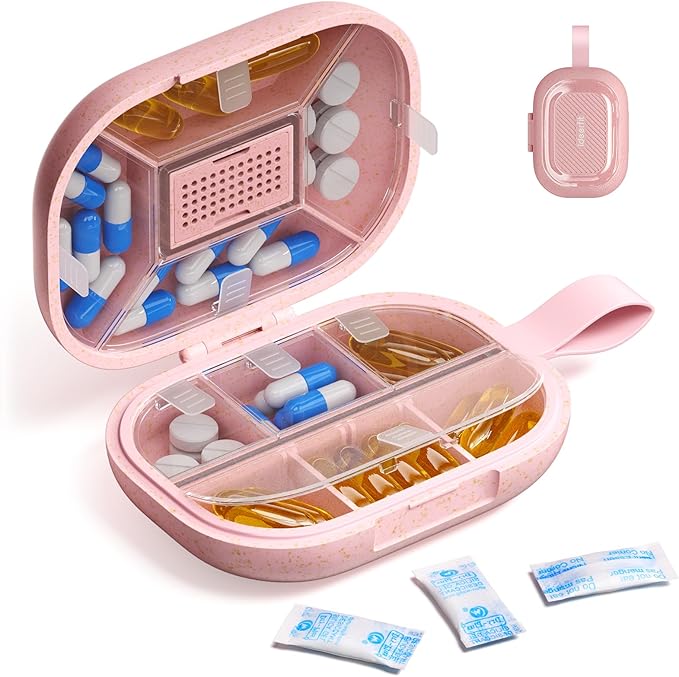 Travel Pill Organizer, Adjustable 8-10 Compartments Portable Pill Box, 7 Day Weekly Label Small Pill Case, Daily Medicine Container Kit Moisture Proof Vitamin Supplement for Pocket Purse-Pink