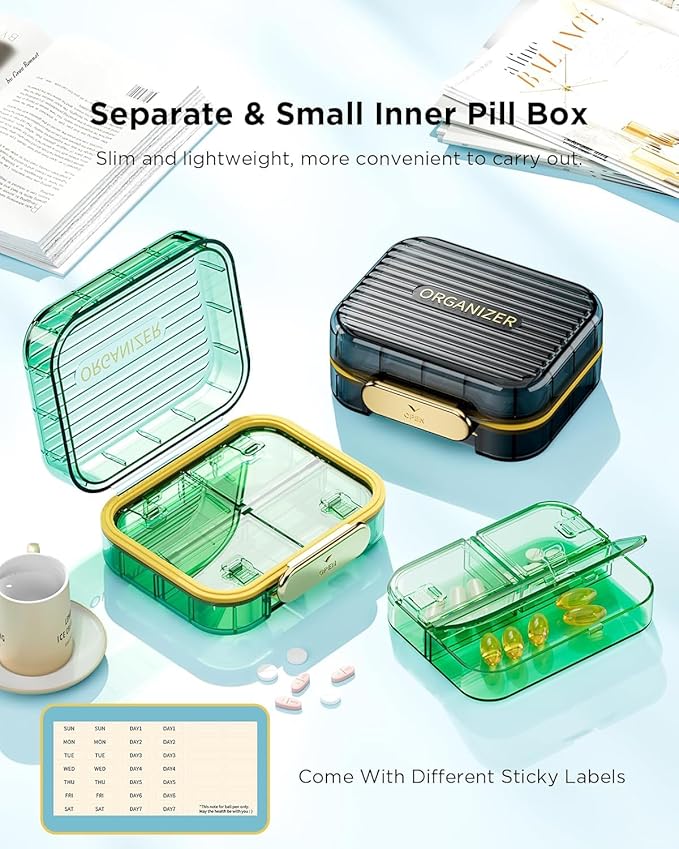 Small Pill Box, Acedada Travel Pill Case for Purse, Portable 7 Compartments Daily Pill Organizer, Compact Medicine Vitamin Container for Fish Oil & Supplements, Light Green