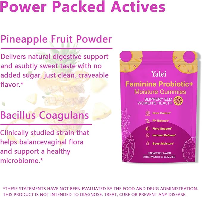 Slippery Kitty Gummies | her Juicy Feminine probiotics Gummies | Support pH Balance & Digestive Health, Slippery Elm for Women | 60 Count | Pineapple Flavor