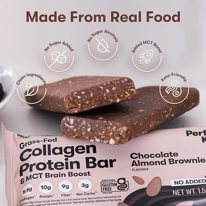 Perfect Keto Bars - The Cleanest Keto Snacks with Collagen and MCT. No Added Sugar, Keto Diet Friendly - 3g Net Carbs, 19g Fat, 10g protein - Diet Food Dessert (Almond Butter Brownie, 12 Bars)