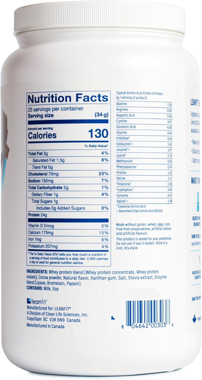 LeanFit® Grass-fed Whey Protein Powder, Natural Chocolate, Gluten-Free, Keto-Friendly & Low-Carb 24g Protein, 23 Servings, 858g (1.89 Pound) Tub