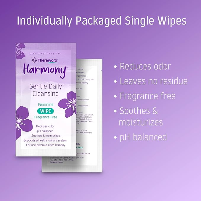 Theraworx Harmony Gentle Daily Cleansing Feminine Wipes Fragrance Free, Reduces Odor, Individually Wrapped, Travel Size – 15 Count (Pack of 4)