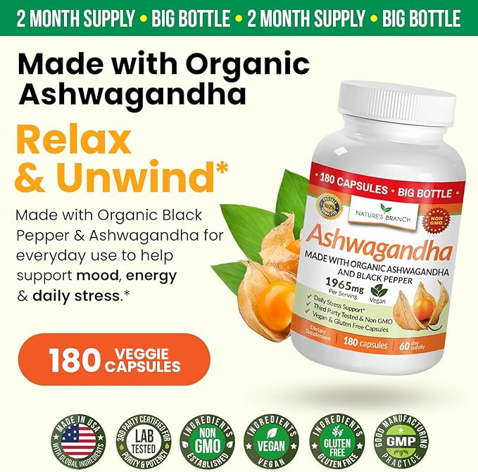 UDAF Certified Organic Ashwagandha with Black Pepper, 1965mg - Extra Strength for Stress, Sleep, Mood, Thyroid, Energy, Hair, Vegan Pure Root Extract Powder Supplement for Men and Women | 180 Capsules