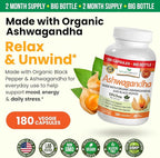 UDAF Certified Organic Ashwagandha with Black Pepper, 1965mg - Extra Strength for Stress, Sleep, Mood, Thyroid, Energy, Hair, Vegan Pure Root Extract Powder Supplement for Men and Women | 180 Capsules