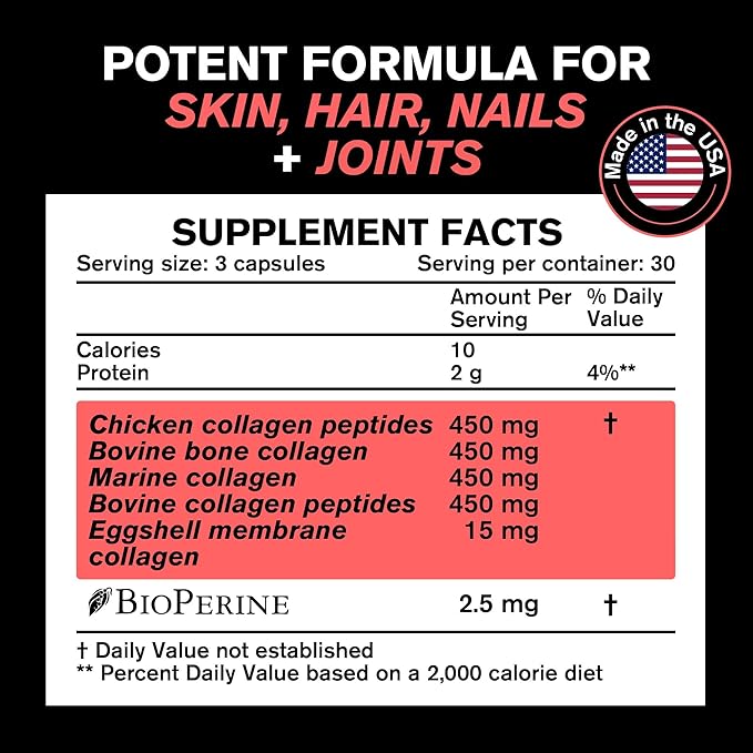 VitaRaw Collagen Pills 1800 mg - Multi Collagen Supplements (Types I, II, III, V & X) Grass Fed Non GMO Collagen Peptides Pills for Hair, Skin and Joints - Hydrolyzed Collagen Protein Powder