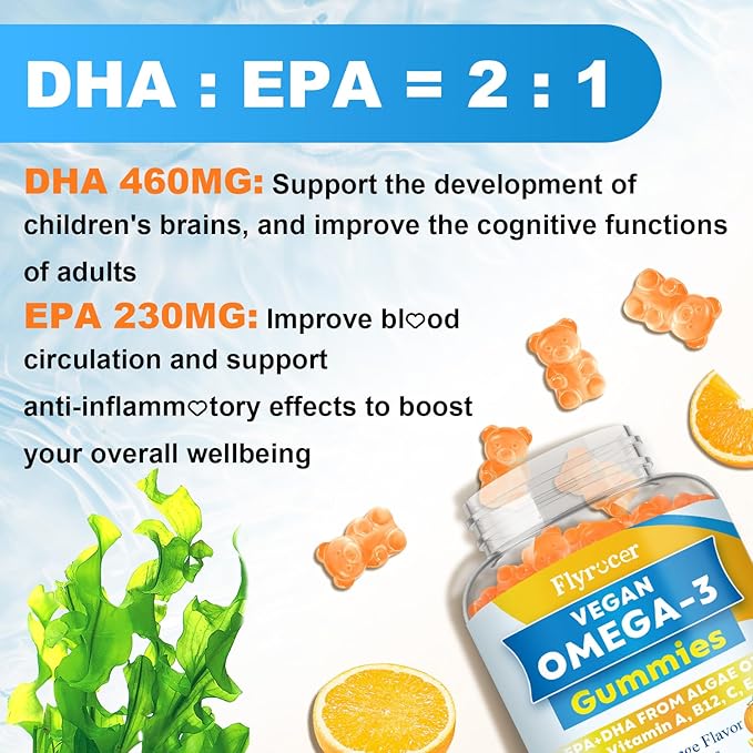 Vegan Omega 3 Gummies - Algal Oil Omega 3 Supplement with DHA, EPA & 10 Essential Vitamins, Fish Oil Alternative - Support Brain, Eye & Immunity for Adults, Orange Flavor, 120 Count