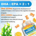 Vegan Omega 3 Gummies - Algal Oil Omega 3 Supplement with DHA, EPA & 10 Essential Vitamins, Fish Oil Alternative - Support Brain, Eye & Immunity for Adults, Orange Flavor, 60 Count