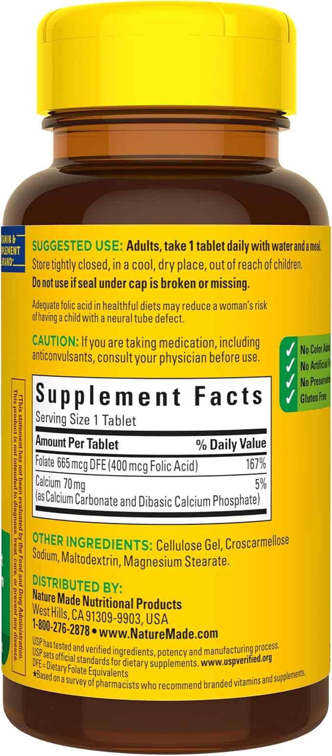 Nature Made Folic Acid 400 mcg (665 mcg DFE) Dietary Supplement for Nervous System Function, Folic Acid Supplements for Women and Men, 250 Tablets, 250 Day Supply