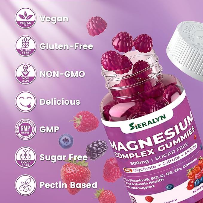 Magnesium Complex Gummies 500mg - Magnesium Glycinate, Citrate, Malate with Vitamin D3, C, B6, B12, Zinc & Calcium, Magnesium Supplement Chewable Support Calm, Muscle, Mood - Vegan 120 Counts