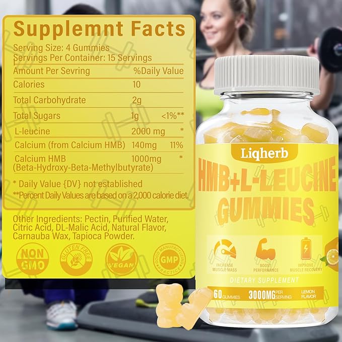 HMB and Leucine Gummies, with 3000mg HMB and L-Leucine Supplement for Muscle Recovery, Muscle Mass & Improve Endurance, for Men & Women, Non GMO, Vegan,Gluten Free, Lemon Flavor, 120 Gummies