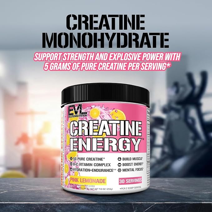 Evlution Nutrition Creatine Energy - Supports Muscle Growth, Boosts Energy, Endurance & Cognition - 5g Pure Creatine Monohydrate Per Serving - B + C Vitamin Complex - 30 Servings - Pink Lemonade