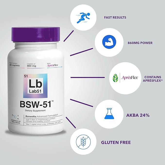 Boswellia Serrata AprèsFlex® Advanced Joint Support – BSW-51 with Hyaluronic Acid, Type II Collagen & Piperine – 30 Capsules, 860 mg Each – Supports Mobility, Flexibility & Cartilage Health