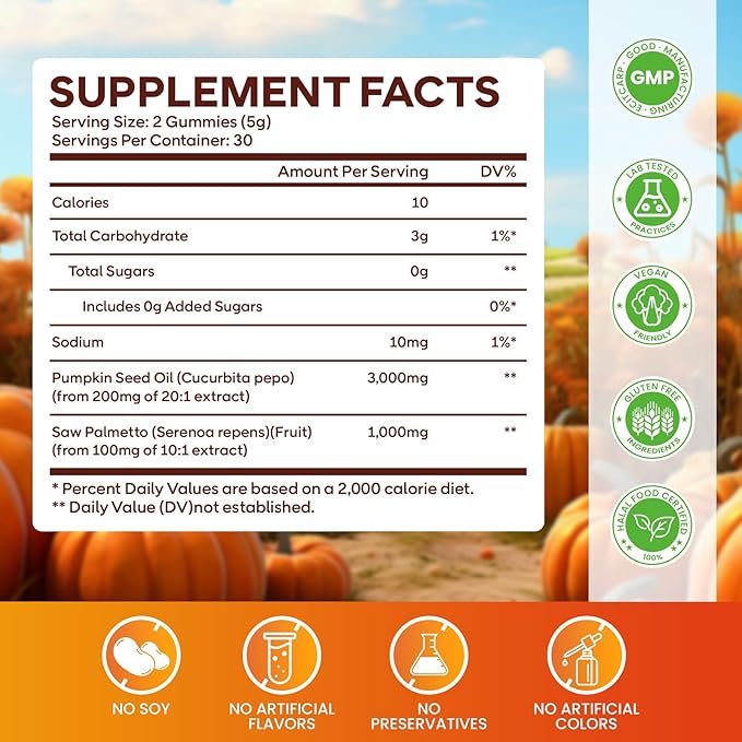 Pumpkin Seed Oil Gummies with Saw Palmetto, 3000mg Per Serving Pumpkin Seed Oil Supplement for Hair Growth, Skin Health, High Pure Extract for Women & Men, Vegan, Raspberry Flavor, 60 Count