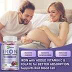 Iron Supplement for Women and Men, Grape Flavored Gummies 65mg and 250mg Vitamin C & Folate for Iron Deficiency and Anemia, Energy Support & Immune Health, 60 Count