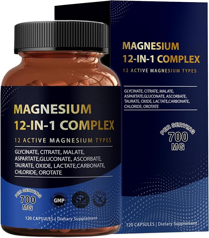 Puravita Magnesium Complex 700mg 12 in 1 Magnesium Supplement with Glycinate, Citrate, Malate & More | Easy Absorption, Energy Support, Vegan & Non-GMO | 120 Capsules (1pc)