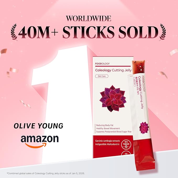 FOODOLOGY Coleology Cutting Stick Jelly (Pomegranate) – Dietary Fiber Supplement for Healthy Weight Management, Chia Seeds & Garcinia Cambogia, Korean Beauty with Collagen – 10 Sticks