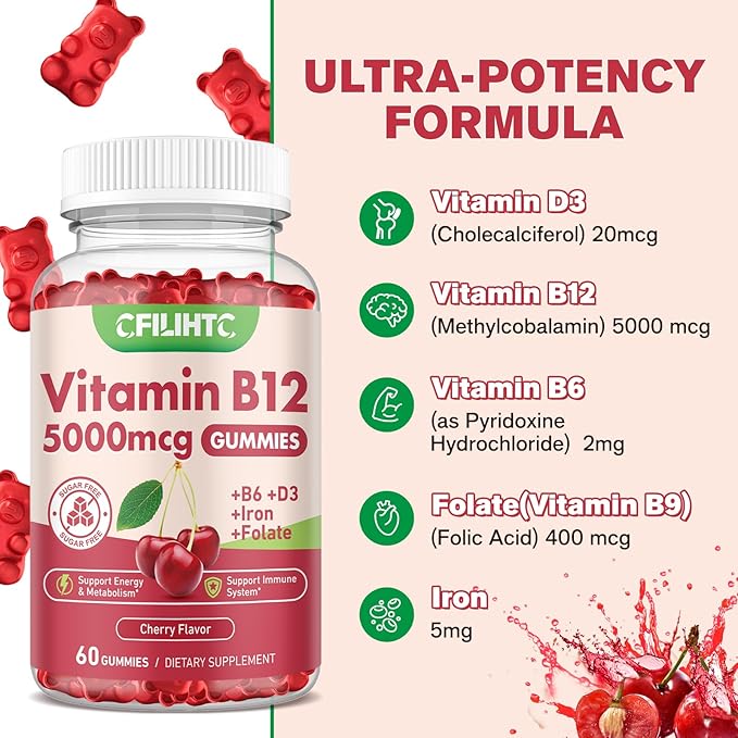 Vitamin B12 Gummies for Women & Men, 5000mcg Methyl B12 Gummies with Vitamin B6, D3, Iron, Folate for Adults, Support Energy & Metabolism Boost, Mood, Immune & Nervous System, Sugar Free Cherry Flavor