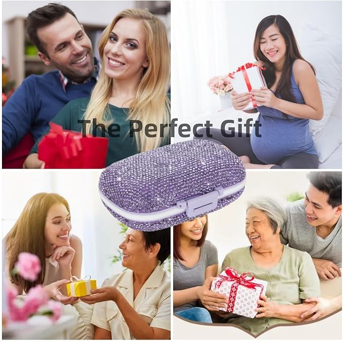 Bling Travel Pill Organizer Cute Pill Box with Labels Rhinestone Pill Case for Purse Portable Daily Pill Container 7 Day Medicine Holder for Vitamin Supplement(Purple)