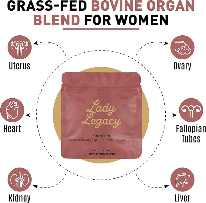 Lady Legacy Beef Organ Supplement for Women – Grass-Fed & Pasture-Raised Female Organ Complex – Uterus, Ovary, Liver, Kidney & Heart Capsules – Dual 3rd Party Tested, Non-GMO Verified, Made in USA
