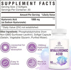 Liposomal Hyaluronic Acid 1000mg, High BioavailabilityHyaluronic Acid Capsules, Dietary Supplement Support Skin and Bones, 60 Capsules