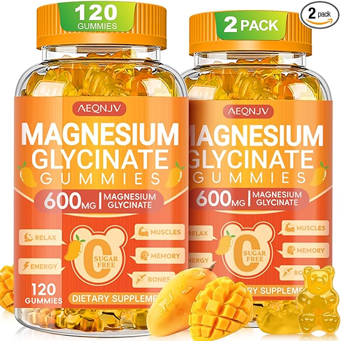 Magnesium Glycinate Gummies 600mg, Chewable Sugar Free Potassium Gummies with Magnesium Glycinate, Vitamin D, B6 and CoQ10 for Stress Relief, Body Support & Muscle, 2 Pack