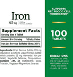 Nature’s Bounty Iron 65mg,325 mg Ferrous Sulfate,Cellular Energy Support,Promotes Normal Red Blood Cell Production,1 Serving Per Day,Gluten Free,100 Vegetarian Tablets,(Pack of 3)
