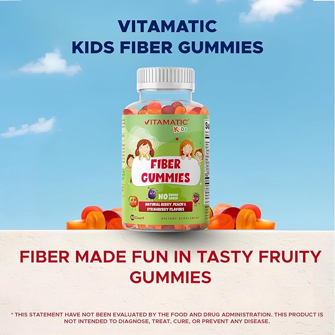 Vitamatic Kids Prebiotic Fiber Gummies – Extra Strength 4g Fiber – Zero Sugar Added – 60 Pectin-Based Gummies – Digestive Health & Regularity Support