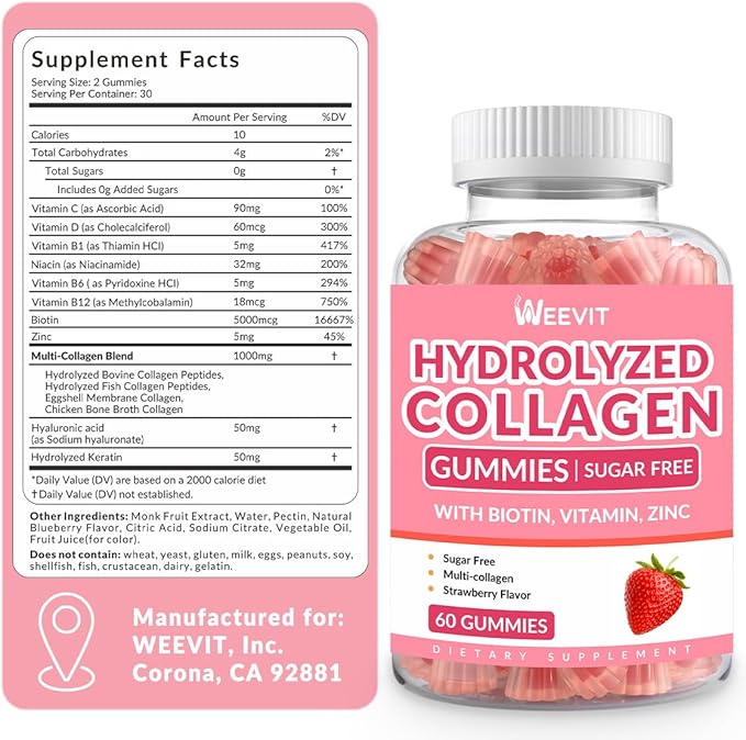 Sugar Free Collagen Gummies for Women, Collagen Protein Type I,II,III,V,X with Biotin Vitamin C D B12, Hydrolyzed Collagen Peptides Gummies for Immune Digestion Skin Hair Nails Energy Bone