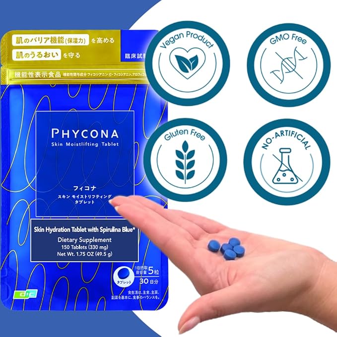 Earthrise PHYCONA - Skin Hydration Tablets with Spirulina Blue, 330mg Tablets (150 Count), Gluten Free, Keto Friendly, Non-GMO, 1-Month Supply