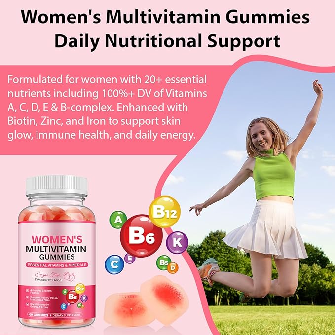 Sugar-Free Women's Multivitamin Gummies – with Inositol, Iron, Biotin, Vitamin D3 & K2 – Supports Energy, Immunity, Hair, Skin & Nails – Vegan, Non-GMO, Gluten-Free – 60 Count 30 Day Supply