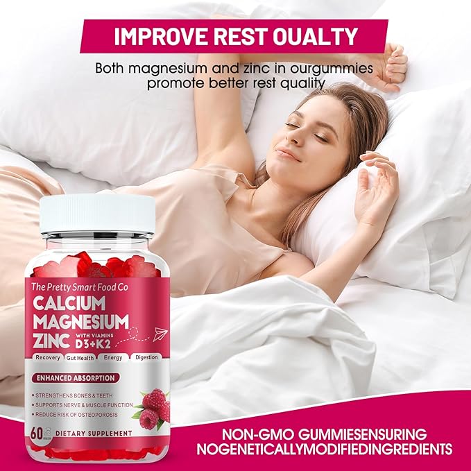 Calcium Magnesium Zinc Gummies with Vitamin D3 & K2 for Bone, Muscle & Immune Support - High Potency Enhanced Absorption - 60 Raspberry Gummies