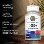 KAL Vitamin D3 K2 ActivMelts - Immune Support Supplement w/Vitamin D as D3 and MK7 VIT K2 - Supports Calcium Absorption for Strong Bones, Quick-Dissolve Tablets, Natural Raspberry Flavor, 60 Servings