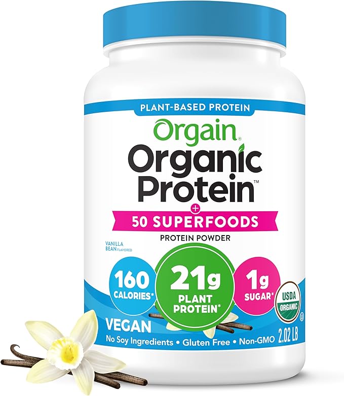 Orgain Organic Vegan Protein + 50 Superfoods Powder, Vanilla Bean - 21g Plant Based Protein, 8g Prebiotic Fiber, No Lactose Ingredients, Gluten Free, No Added Sugar, Non-GMO, 2.02 lb